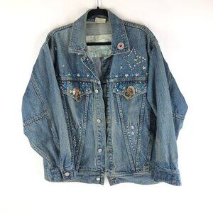 Freego Mens Denim Jacket Western Rhinestones Embellished Vintage Retro Trucker M